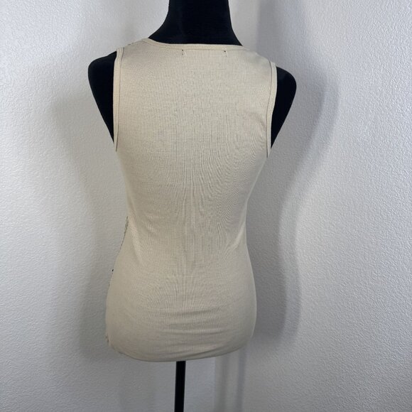 Sequined Beige Ribbed Tank Top With Scoop Neck & Stretchy Fit - Picture 2 of 8